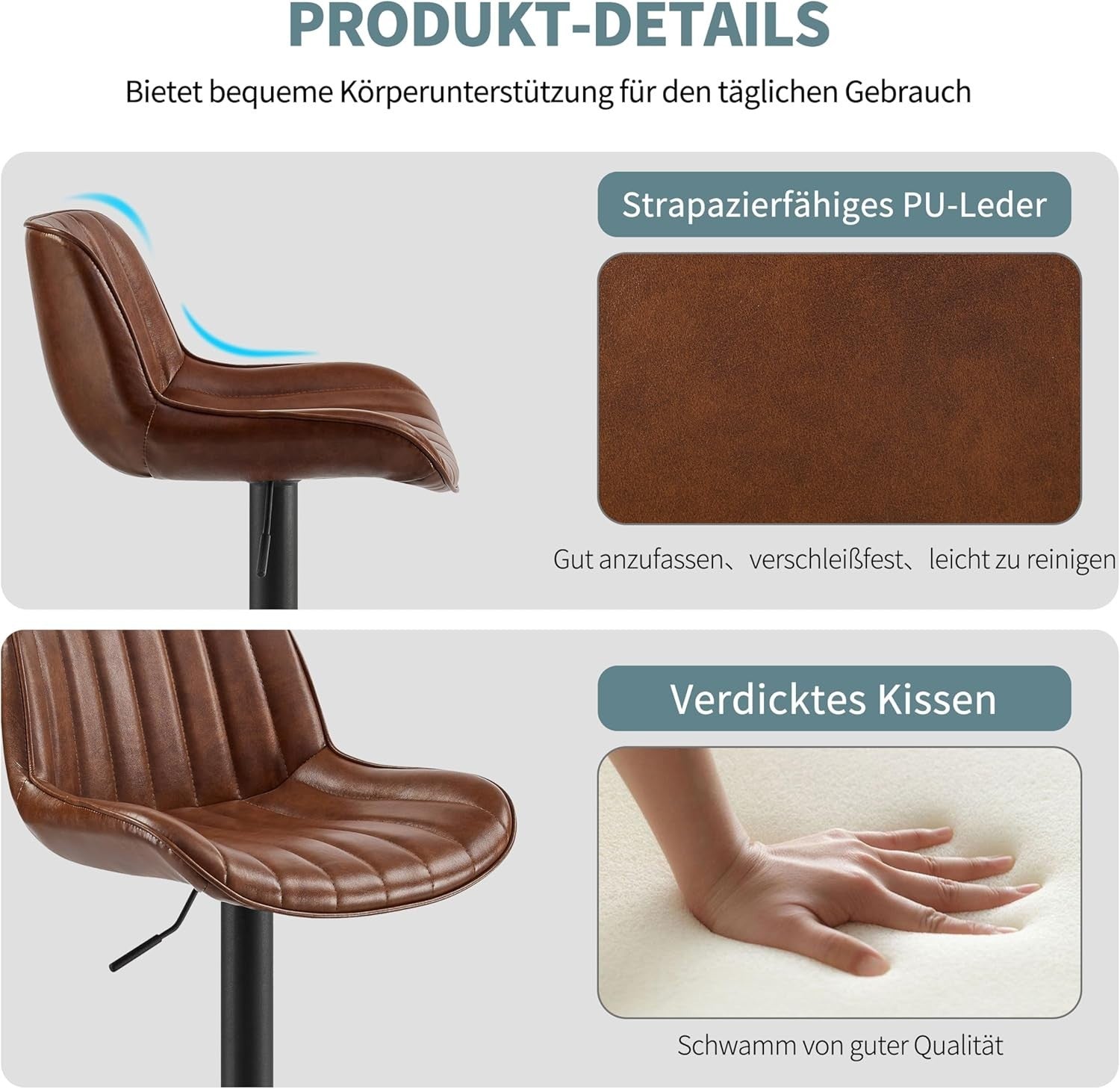 Cognac Brown Bar Stools Set of 2 | Memory Foam Seat, Adjustable Swivel
