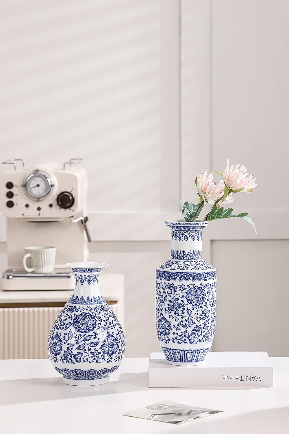 Blue White Chinoiserie Ceramic Vase 8in Glossy Floral Table Centerpiece