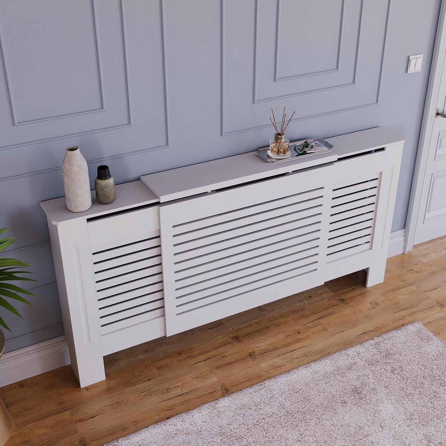 Adjustable White Radiator Cover MDF Cabinet | Modern Slatted Grill Heater Guard