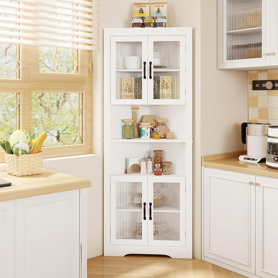 171cm White Corner Cabinet with 4 Glass Doors & Adjustable Shelves