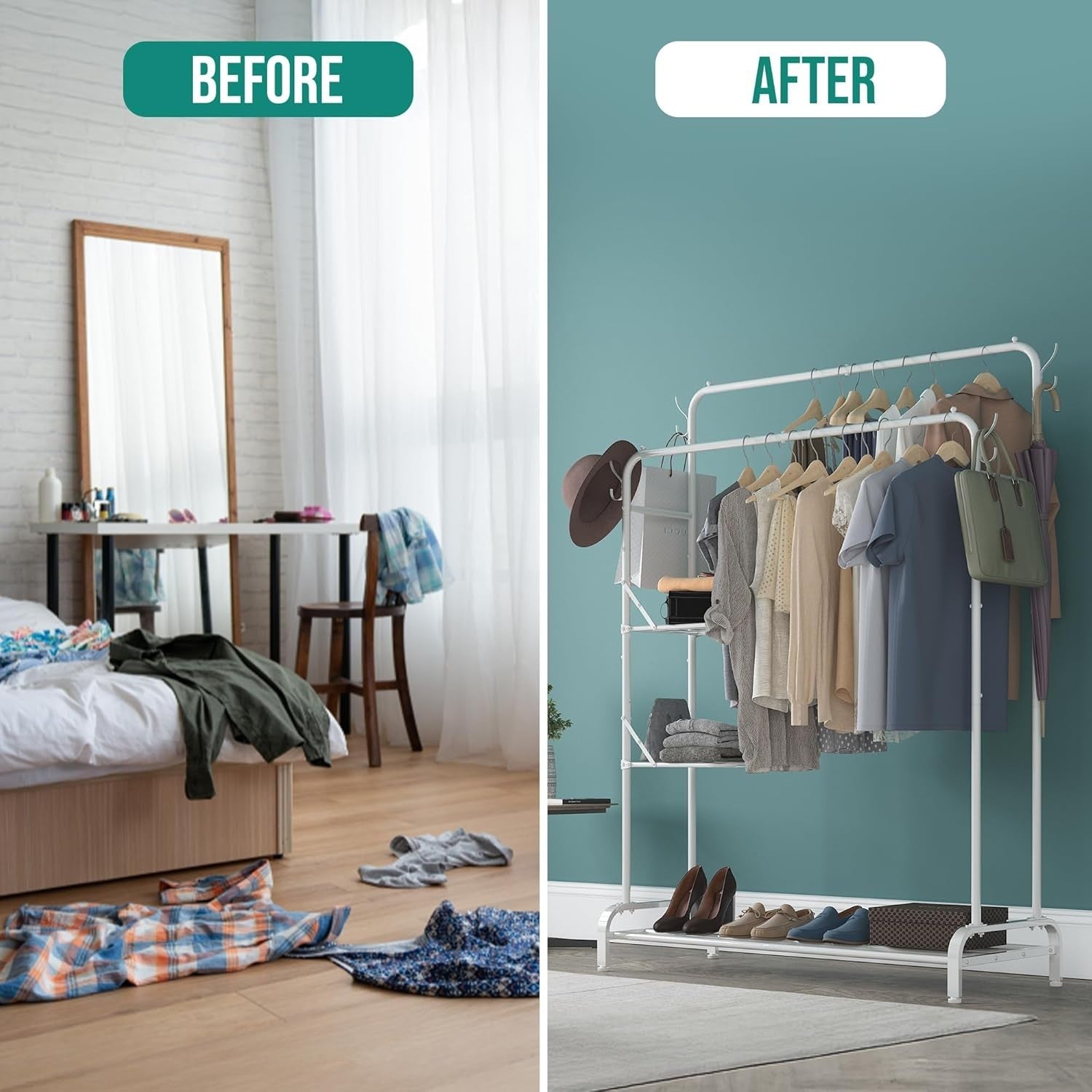White Heavy Duty Clothes Rail 100KG Rack With Folding Shelves & Hooks