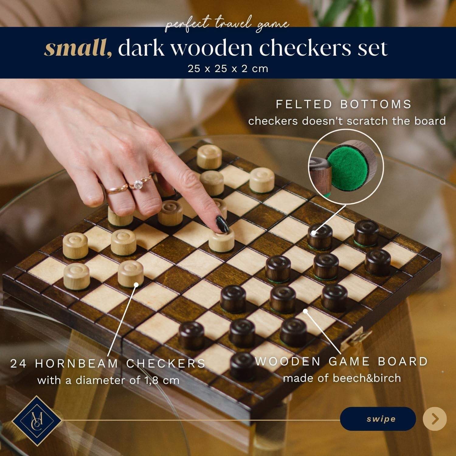 25cm Wooden Checkers Set | Folding 64-Square Travel Draughts Board | Compact Gam
