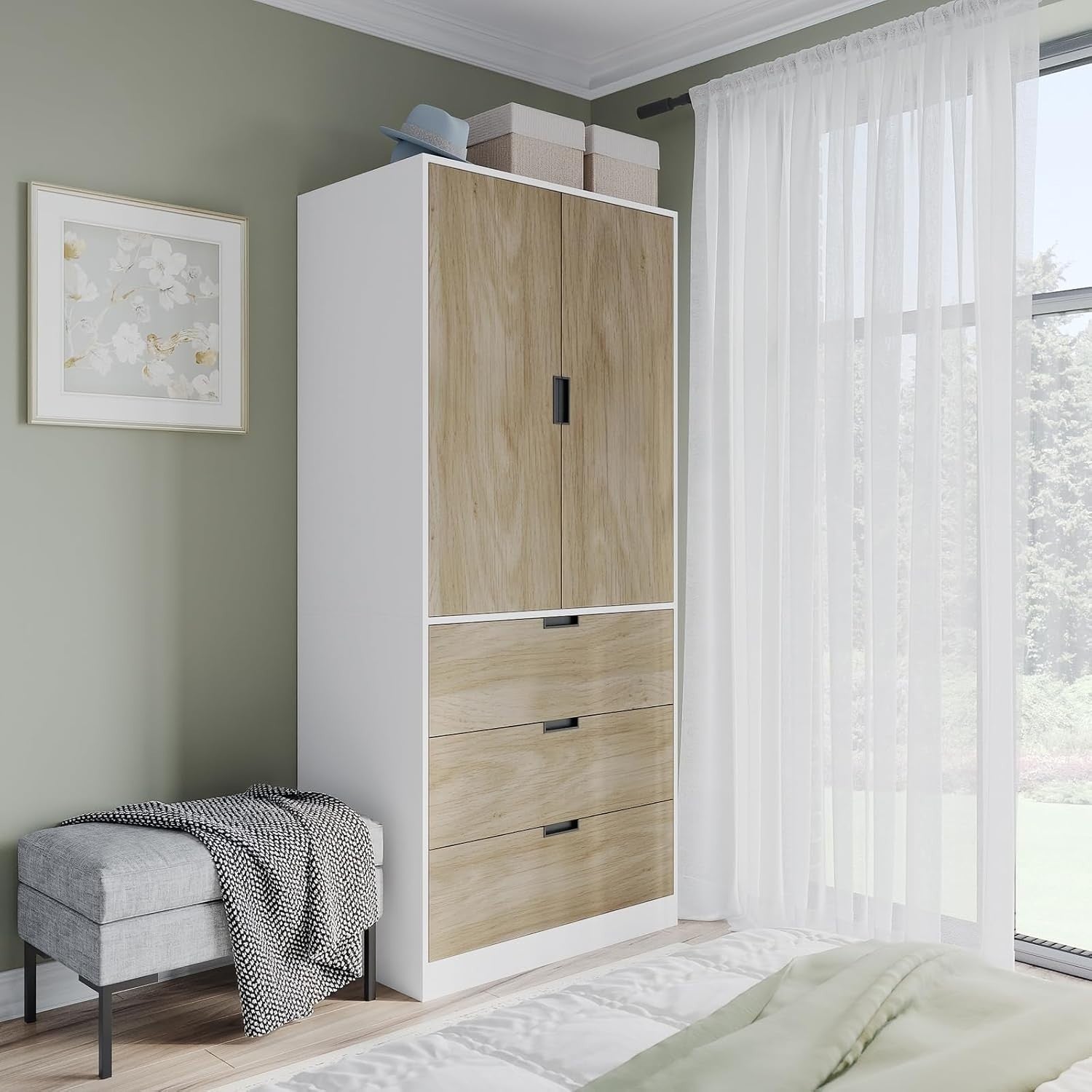 Oak 2 Door Wardrobe with Drawers | Tall Modern Clothes Storage Unit