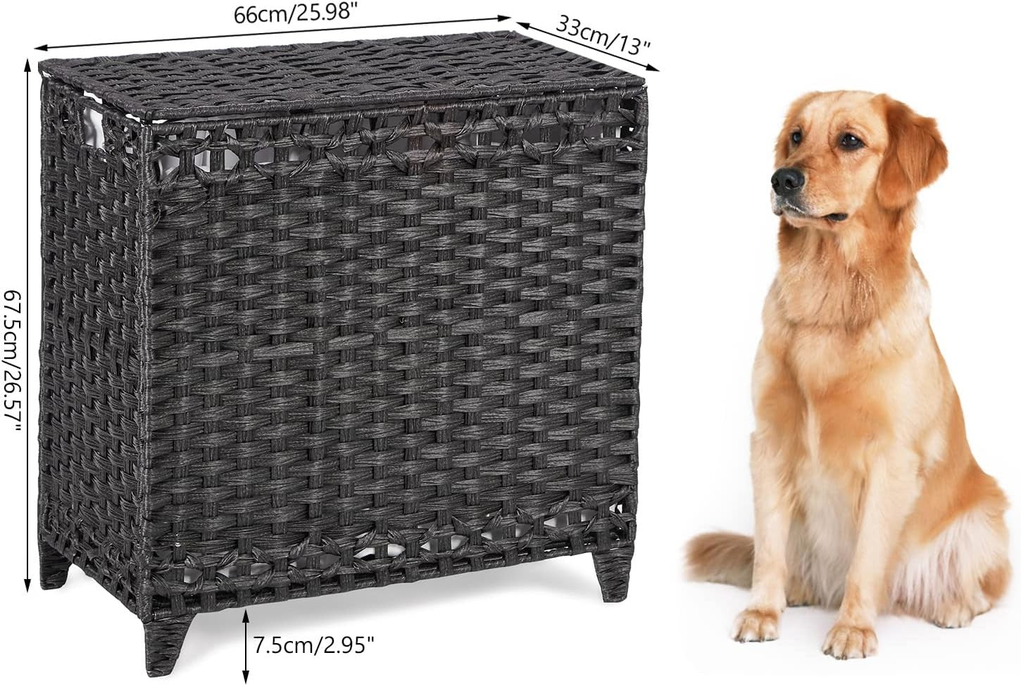 132L Black Rattan Laundry Hamper with Lid 3-Section Removable Liner Bags