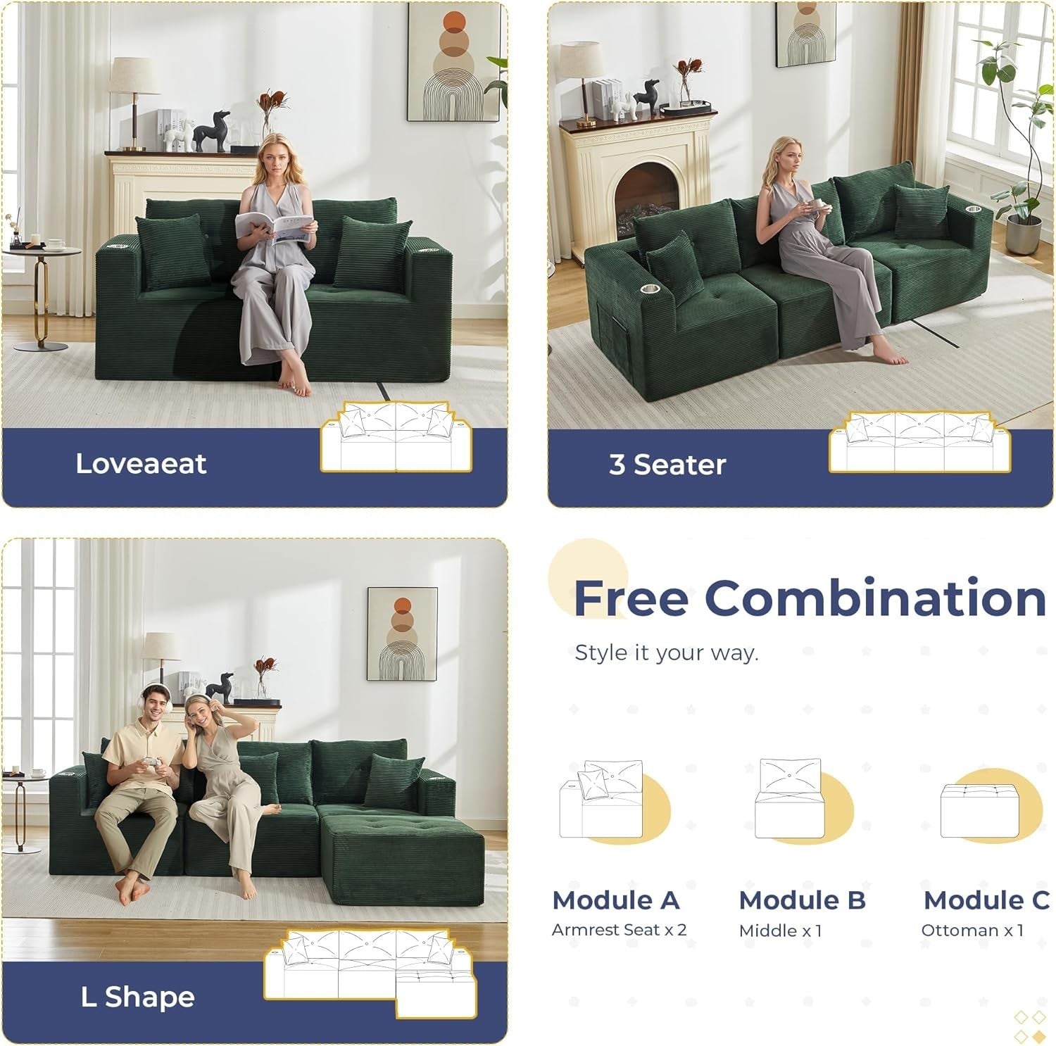 Dark Green Corduroy Corner Sofa | L-Shaped, Cup Holder, No Assembly, Deep Seat