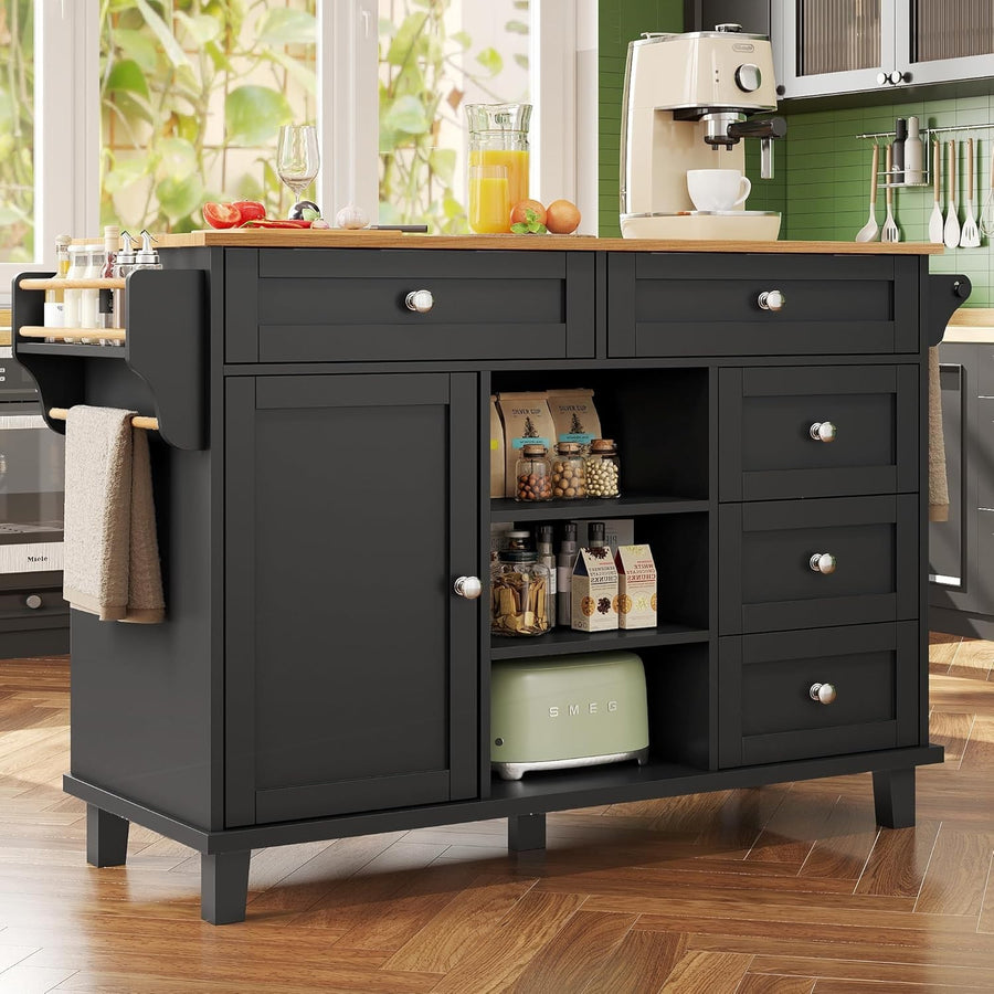Rolling Kitchen Island Trolley Black | 5 Drawers, Shelves & Wheels 134cm