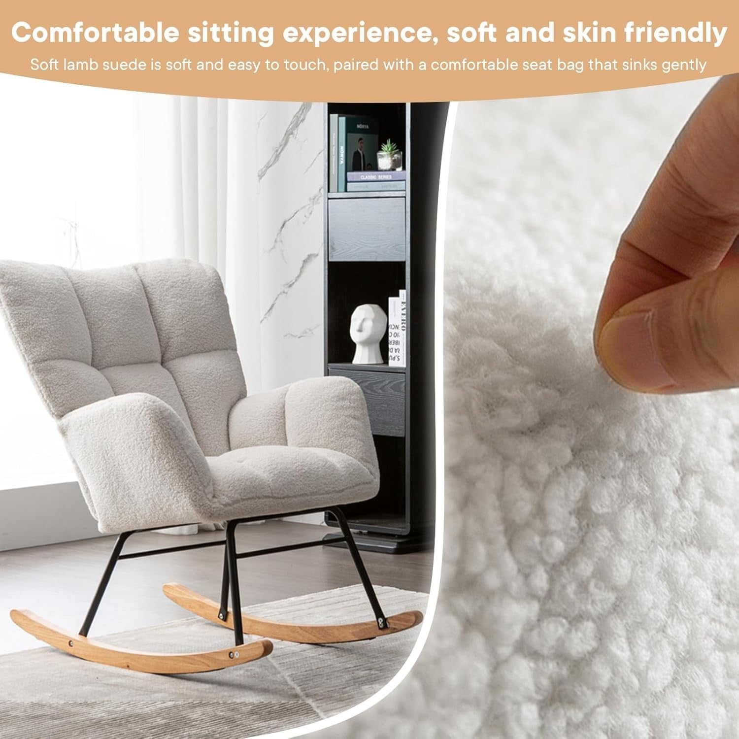 Comfortable Recliner Rocking Chair with Velvet Fabric & Sturdy Wood Base