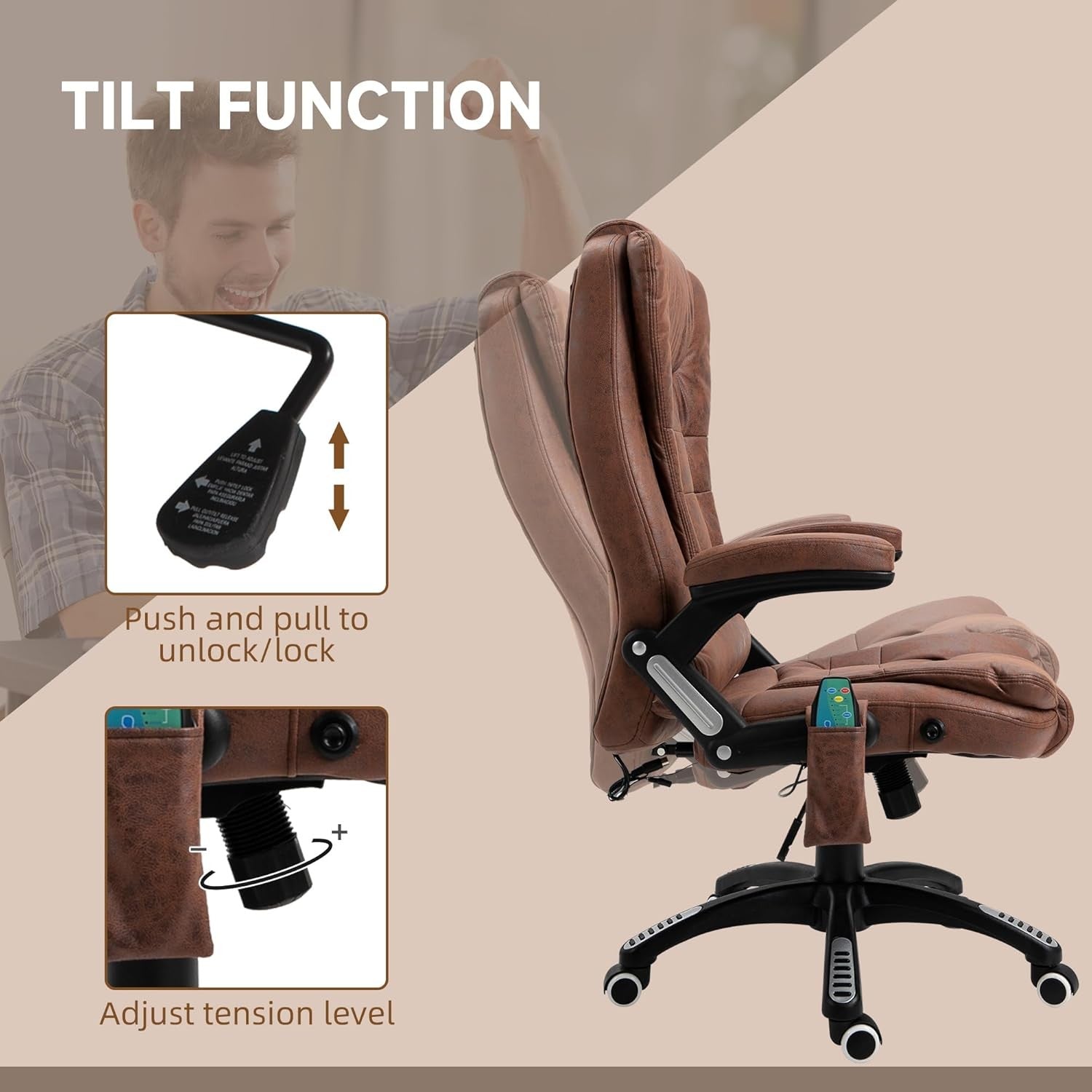 Heated Massage Office Chair 6 Point High Back Microfiber Brown