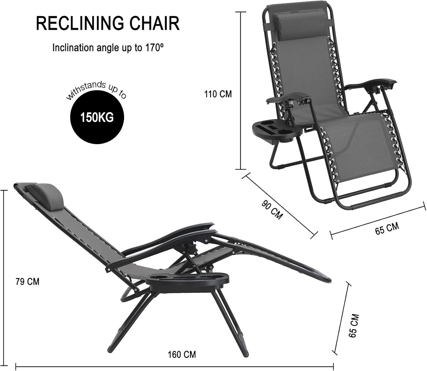 Zero Gravity Outdoor Reclining Chairs Set of 2 Foldable Sun Loungers Grey