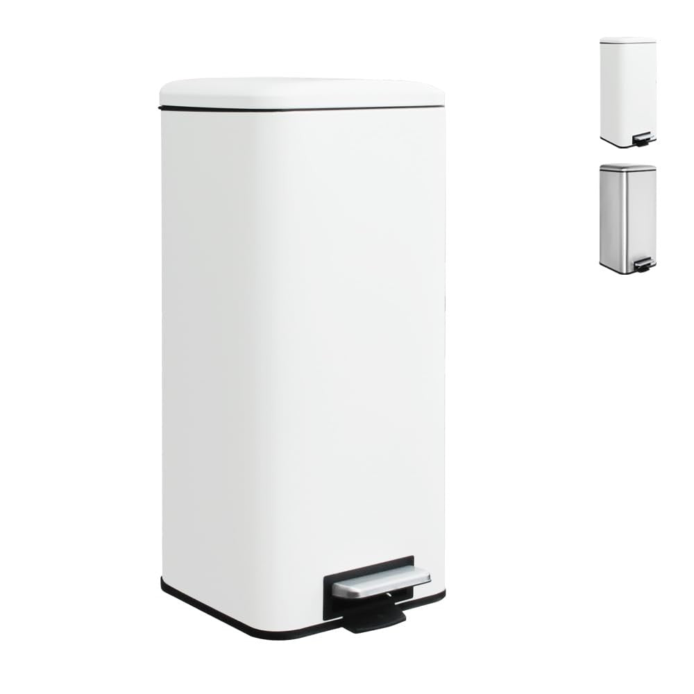 30L Kitchen Pedal Bin Soft Close Square White Stainless Steel