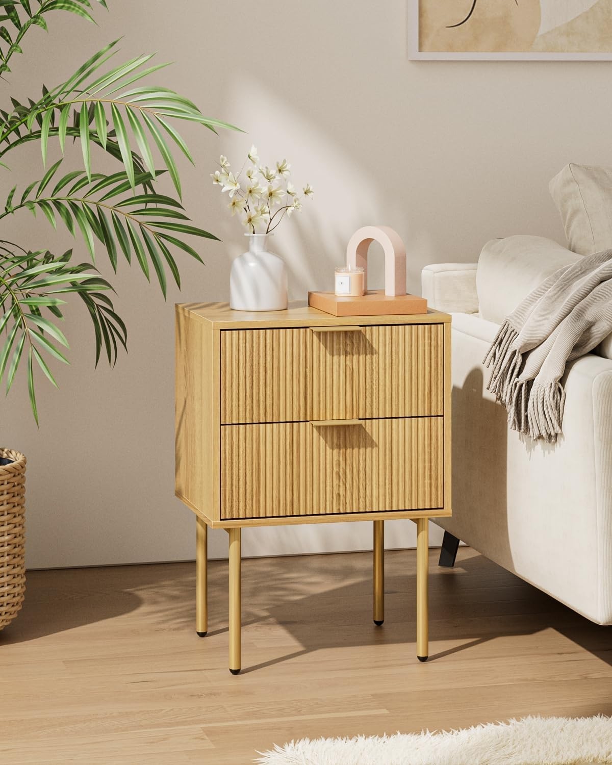 Modern Oak Bedside Table with 2 Drawers & Gold Legs | Wooden Nightstand