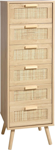 6 Drawer Rattan Chest Bedroom Storage Tall Wooden Legs Compact Organizer