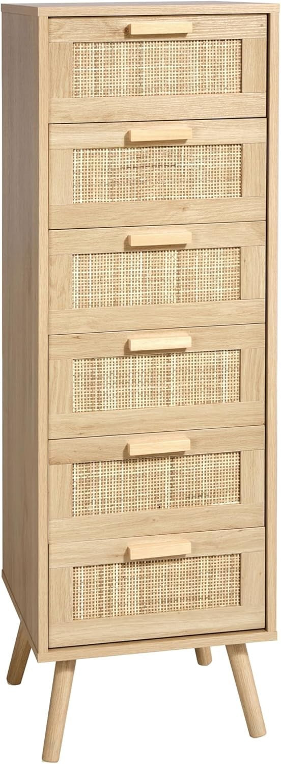 6 Drawer Rattan Chest Bedroom Storage Tall Wooden Legs Compact Organizer