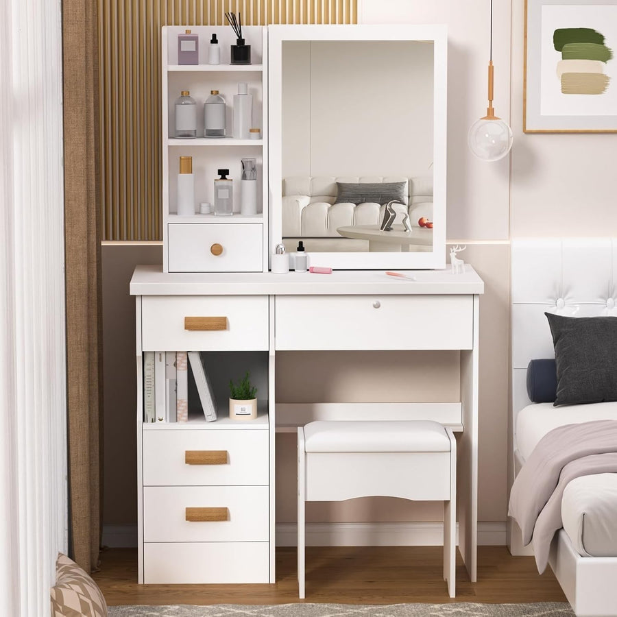 Modern Vanity Dressing Table w/Sliding Mirror 5 Drawers Lockable Storage