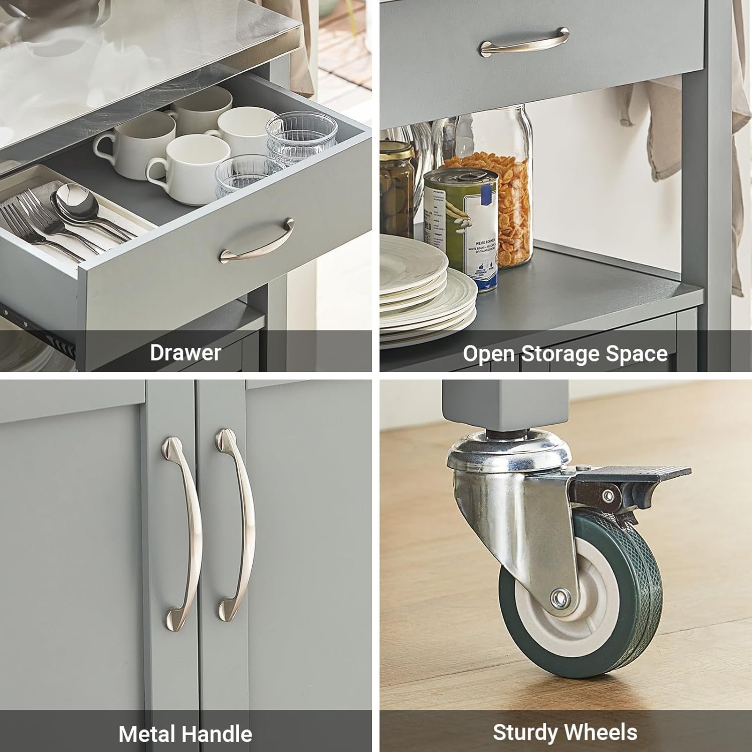 Grey Kitchen Trolley on Wheels Storage Cabinet 60x92cm