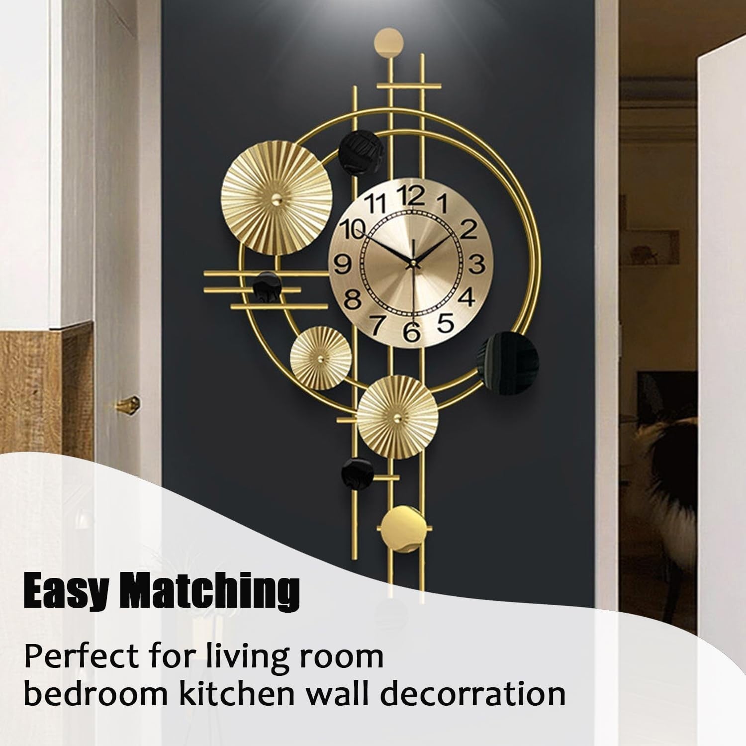 Luxury Silent Wall Clock Gold 30” Metal Art Deco Modern Home Decor