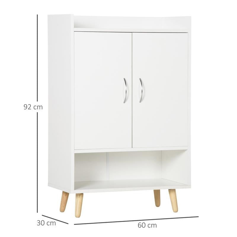 Slim White Shoe Storage Cabinet with Doors, Open Shelf & Wooden Legs