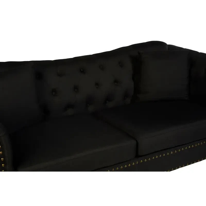 Luxury 3 Seater Black Chesterfield Sofa Fabric Upholstery Scroll Arms