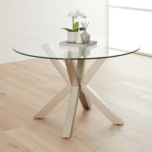 120cm Round Glass Dining Table Modern Grey with Starburst Metal Legs