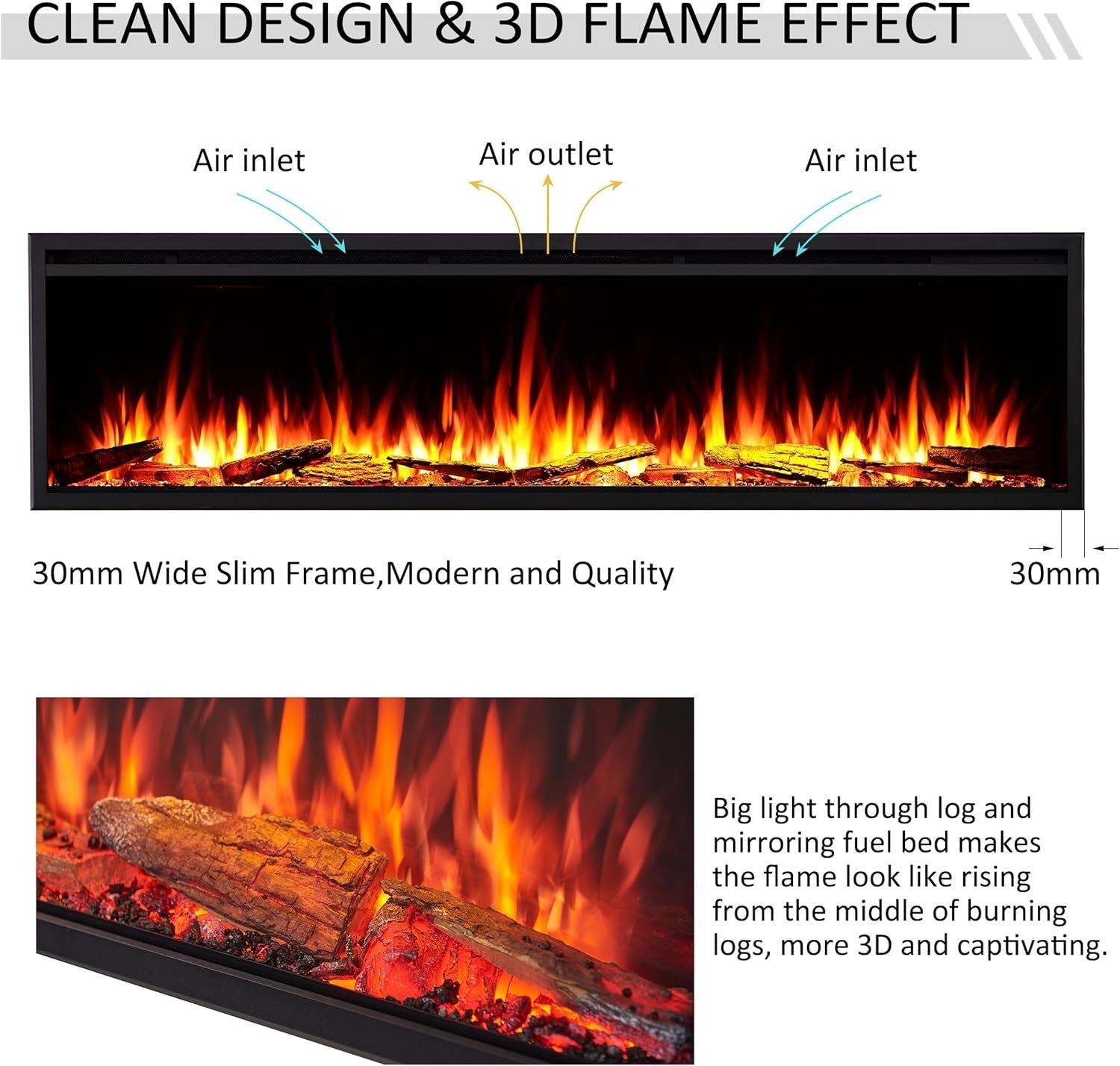 72" Smart Electric Fireplace Inset WiFi Alexa Flame Media Wall Feature
