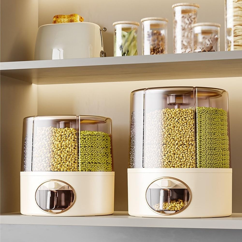Rotating Rice Storage Container 6 Grid Grain Dispenser Airtight Bin