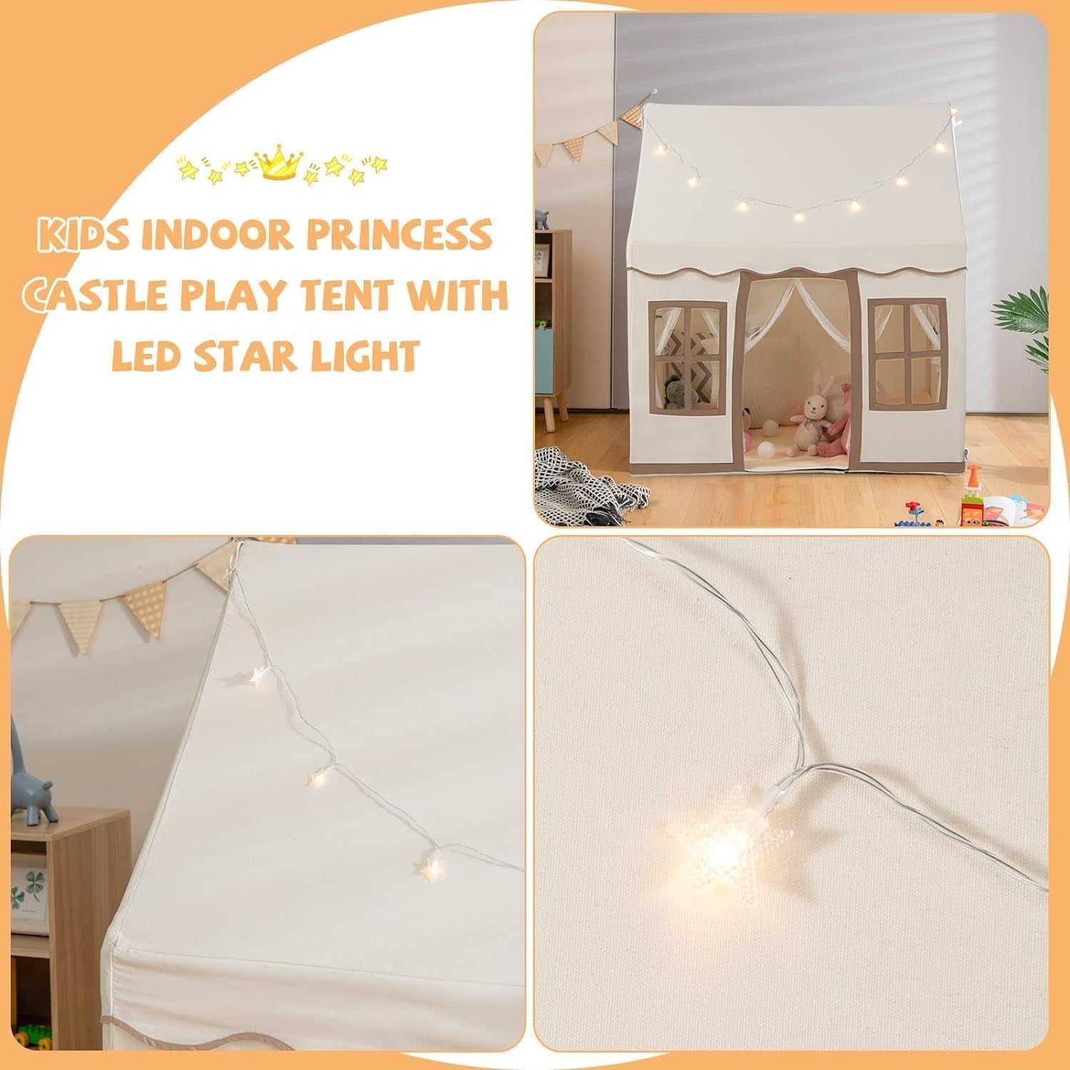 Beige Kids Castle Playhouse Tent Indoor Outdoor Anti Trip Mat Lights