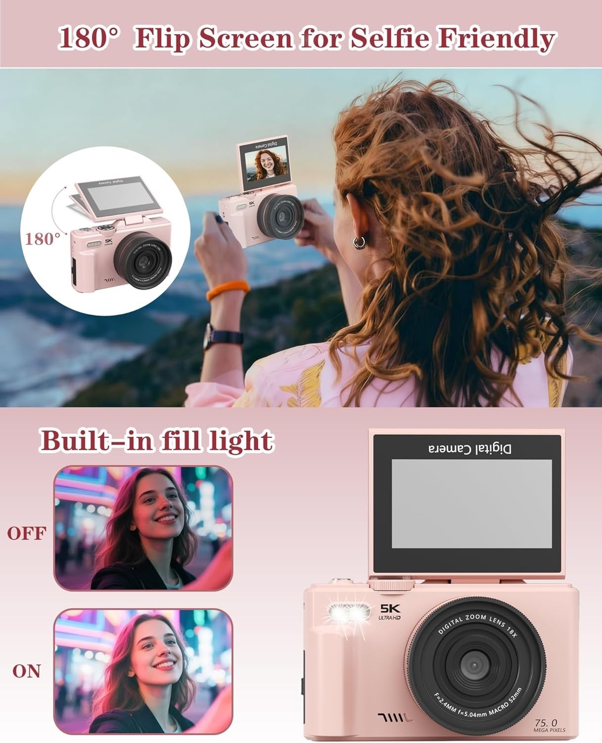 5K 75MP Vlogging Camera WiFi Flip Screen Pink Camera 64GB Kit