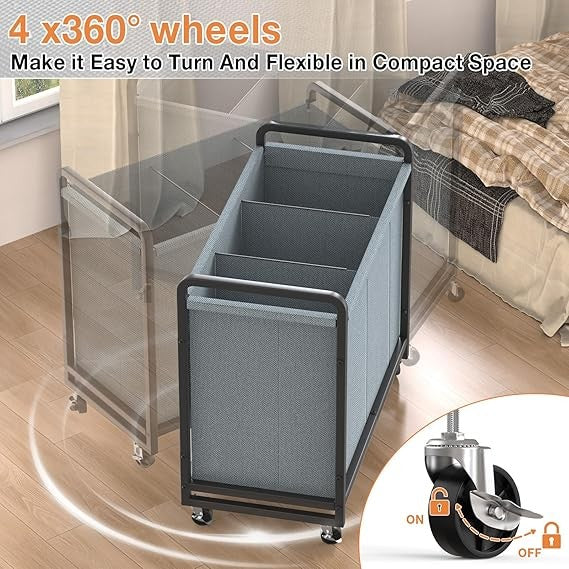 230L 3-Section Laundry Sorter Cart with Wheels & Metal Frame – Grey Organizer