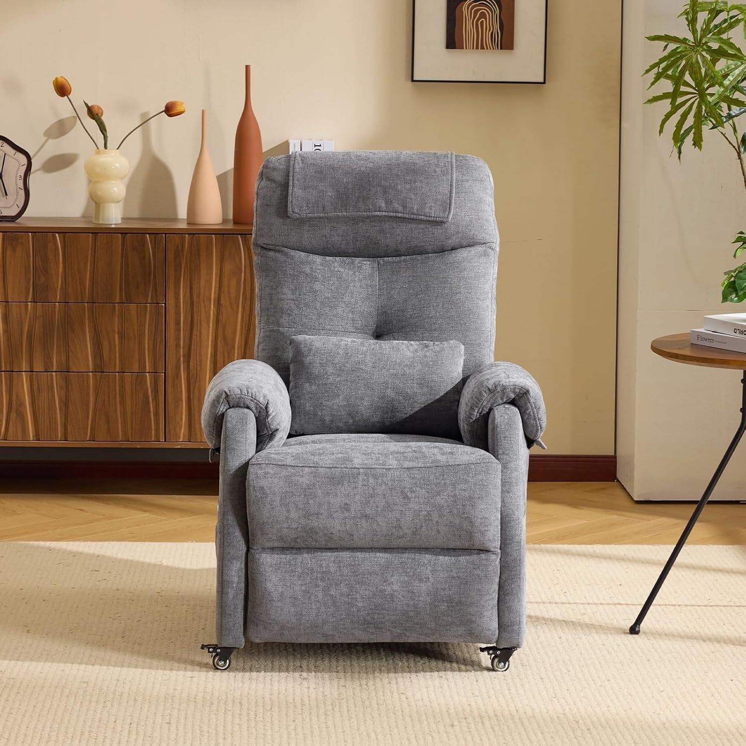 Electric Recliner Chair w/ Wheels Massage Heat High Back Footrest Fabric Grey