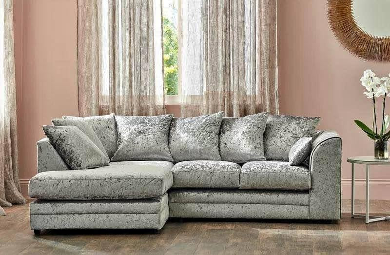 Silver Crush Velvet L-Shaped Sofa Settee – Foam Filled, Fire Resistant Couch
