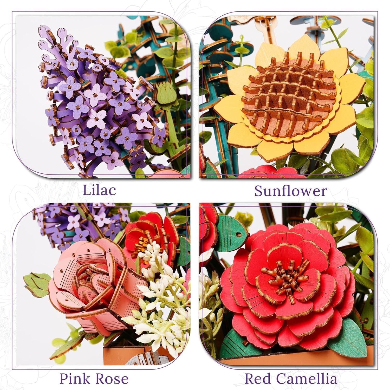 3D Wooden Flower Puzzle Kit DIY Bloom Box Home Decor Gift for Her Adults