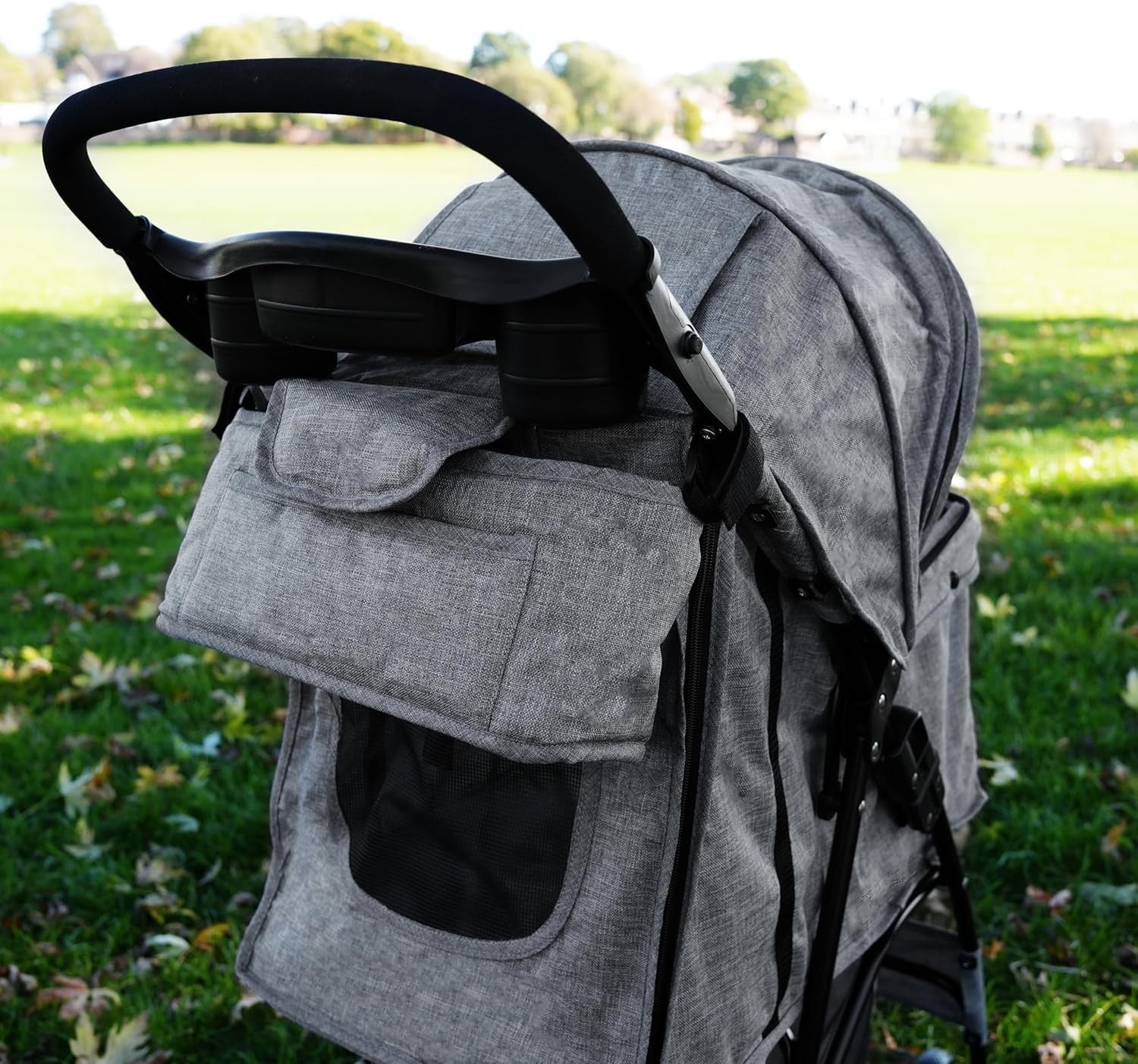 Woven Grey Pet Stroller Pushchair with Detachable Caddy Bag 15kg Foldable