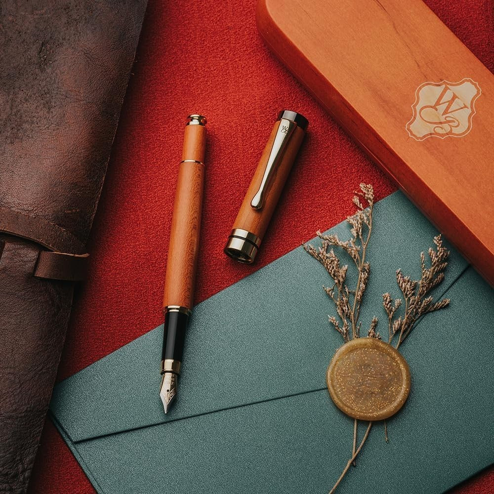 Cherry Wood Fountain Pen Set Extra Fine Nib Black Ink Gift Case