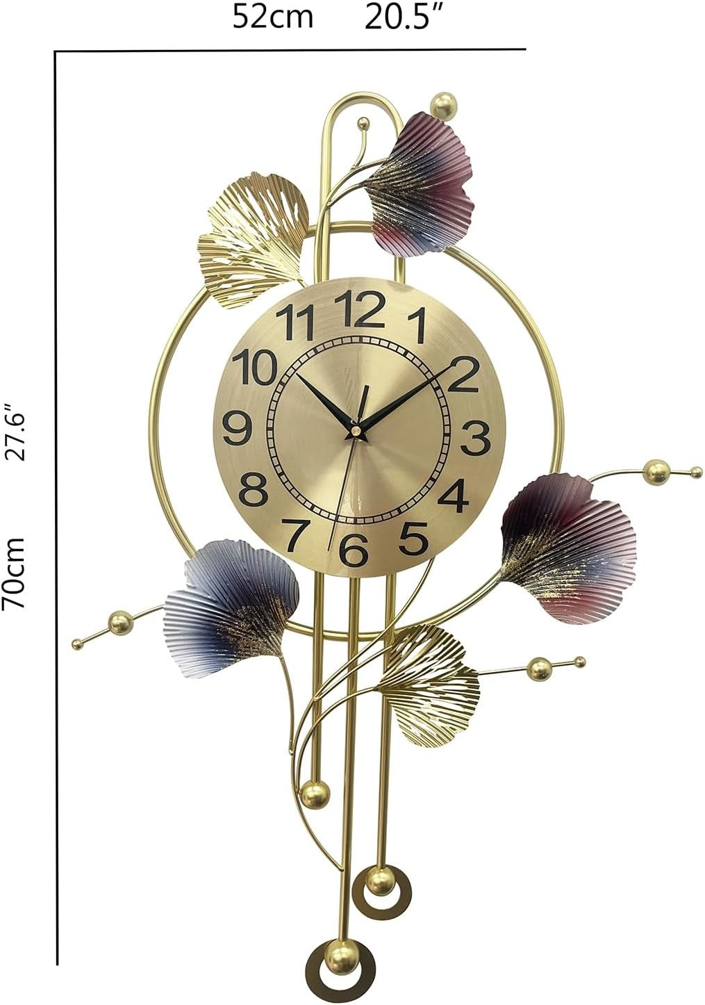 70×52cm Luxury Ginkgo Leaf Wall Clock – Silent Metal Art Pendulum Clock Home
