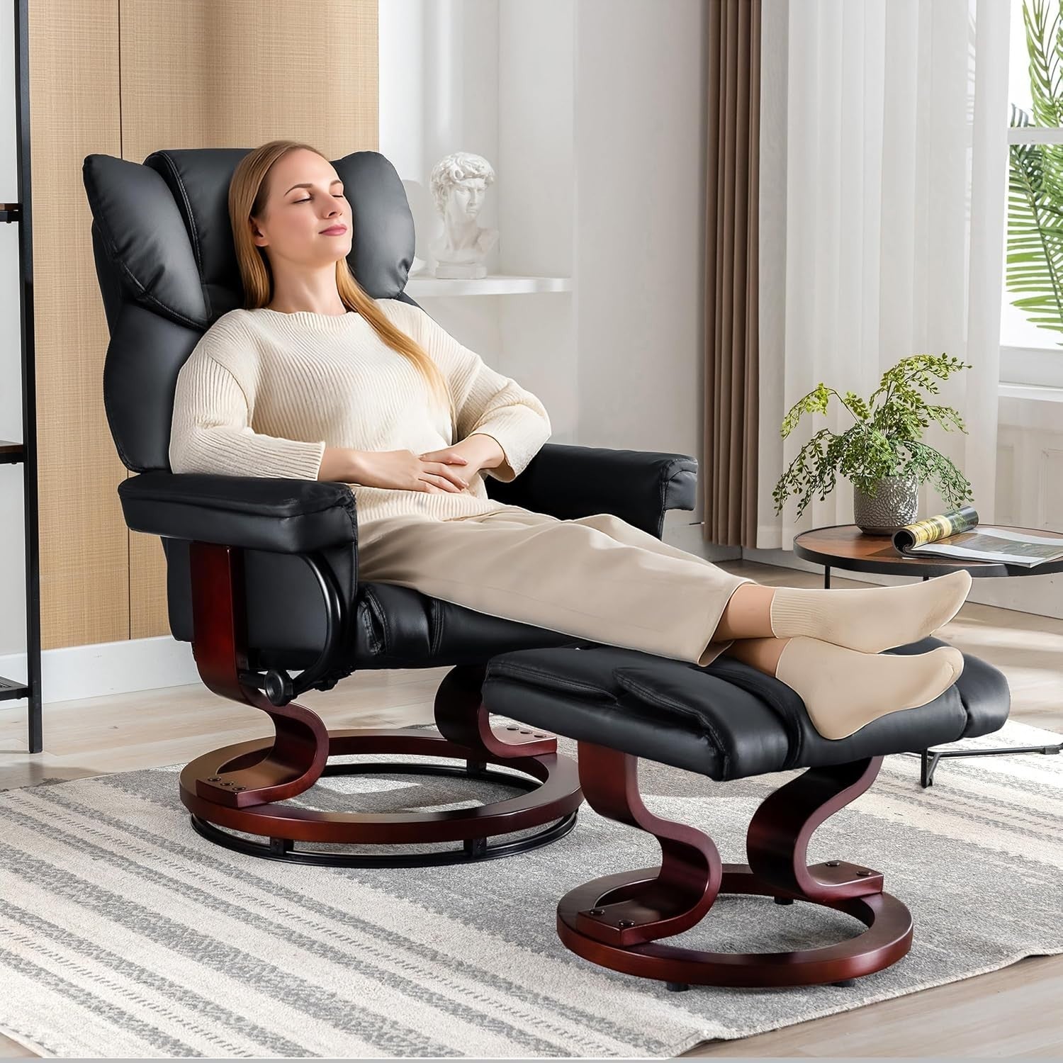 Recliner Armchair with Footstool Swivel PU Leather Chair Lounge Sofa
