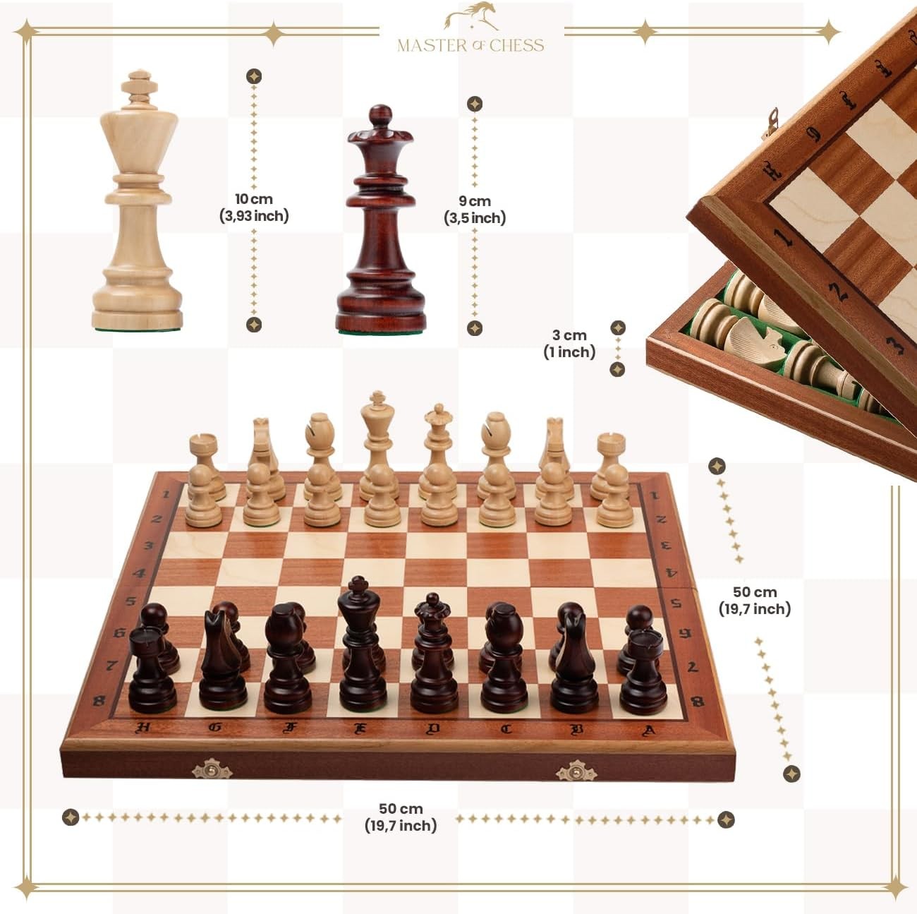 Tournament Wooden Chess Set 50cm Inlaid Foldable Board Staunton Pieces