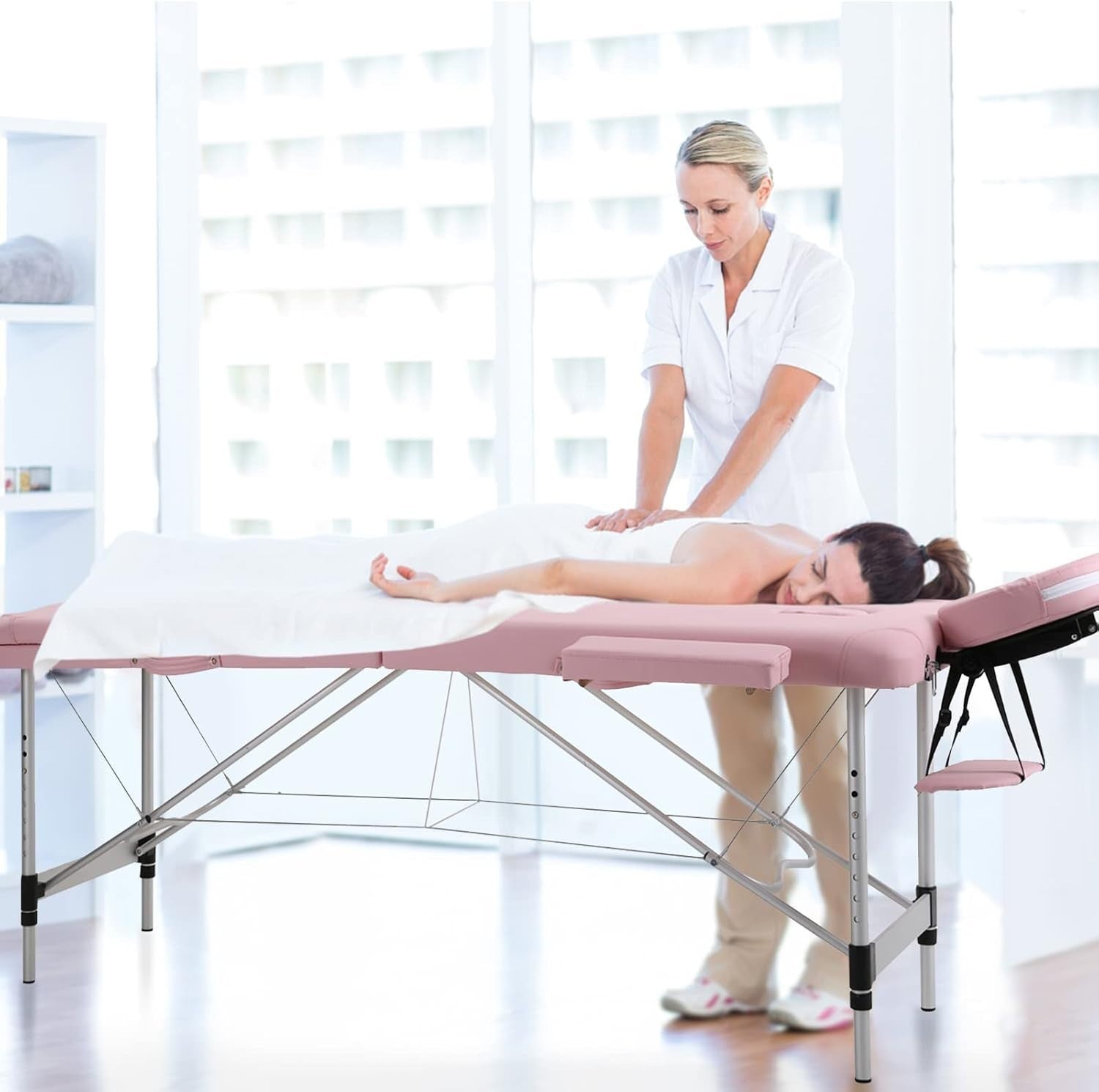 Portable Massage Table Foldable 3-Section Aluminium Therapy Beauty Bed Pink