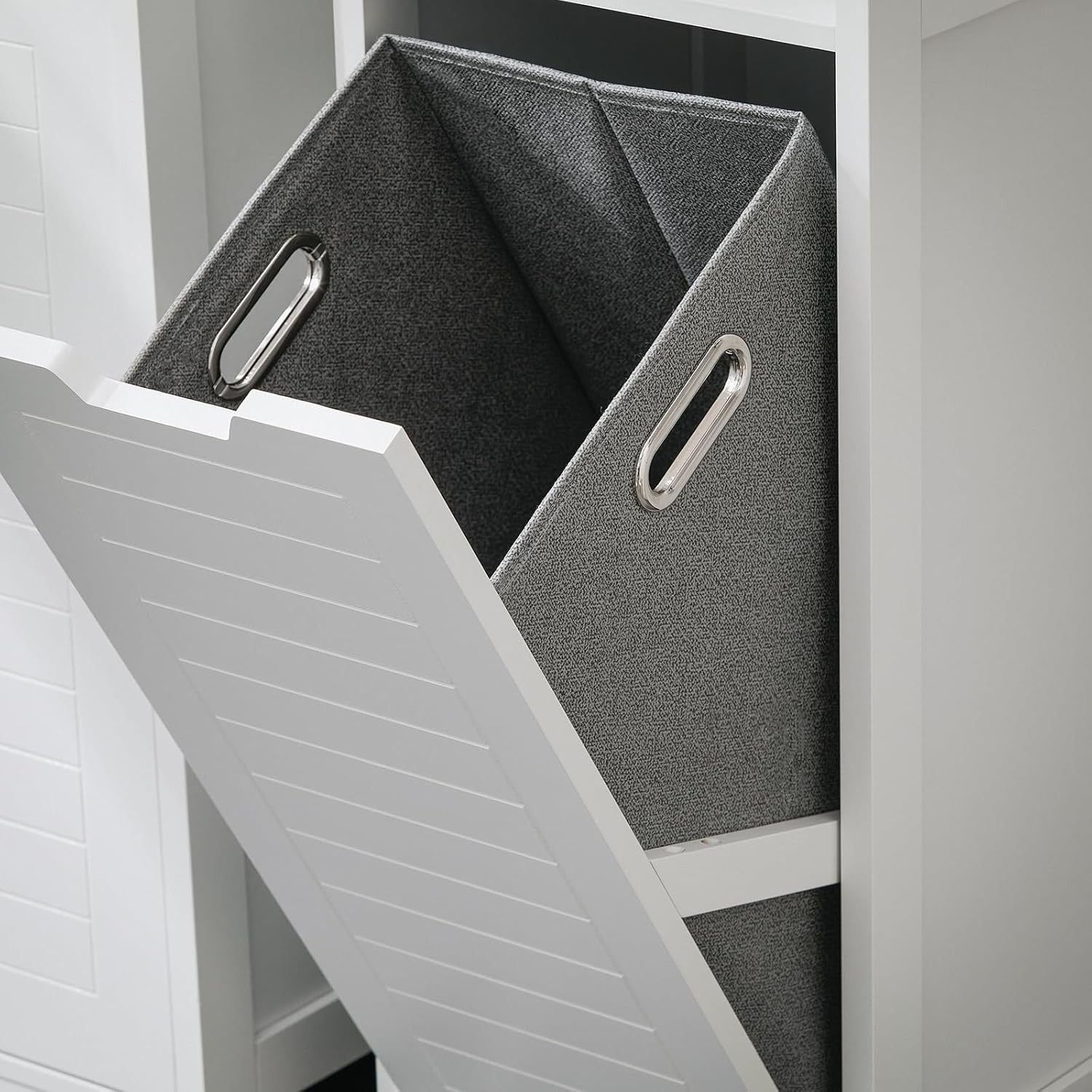 Slim Bathroom Laundry Cabinet 90cm Tall with Flip-Out Hamper & Storage Shelf