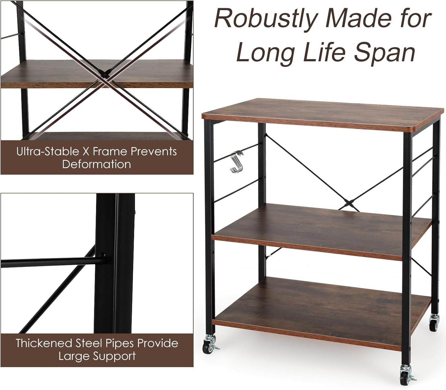 Kitchen Bakers Rack Rolling Cart Microwave Stand 3 Tier Shelves Wheels