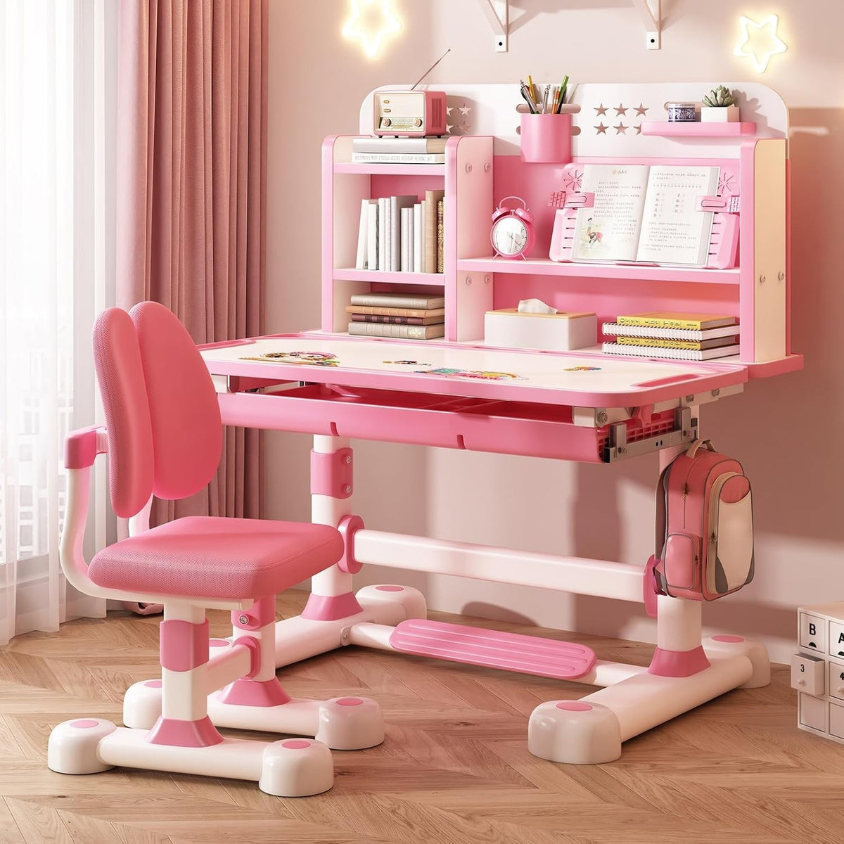Kids Adjustable Study Desk & Chair Set w/ Drawer Ergonomic Back Support Pink