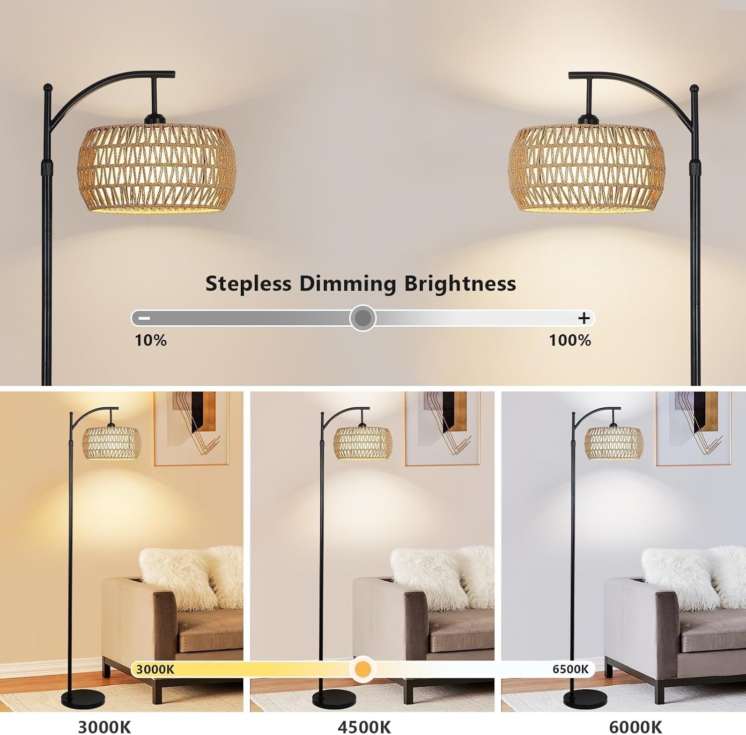 Arc Floor Lamp Dimmable Remote Rattan Shade Tall Standing Reading Light