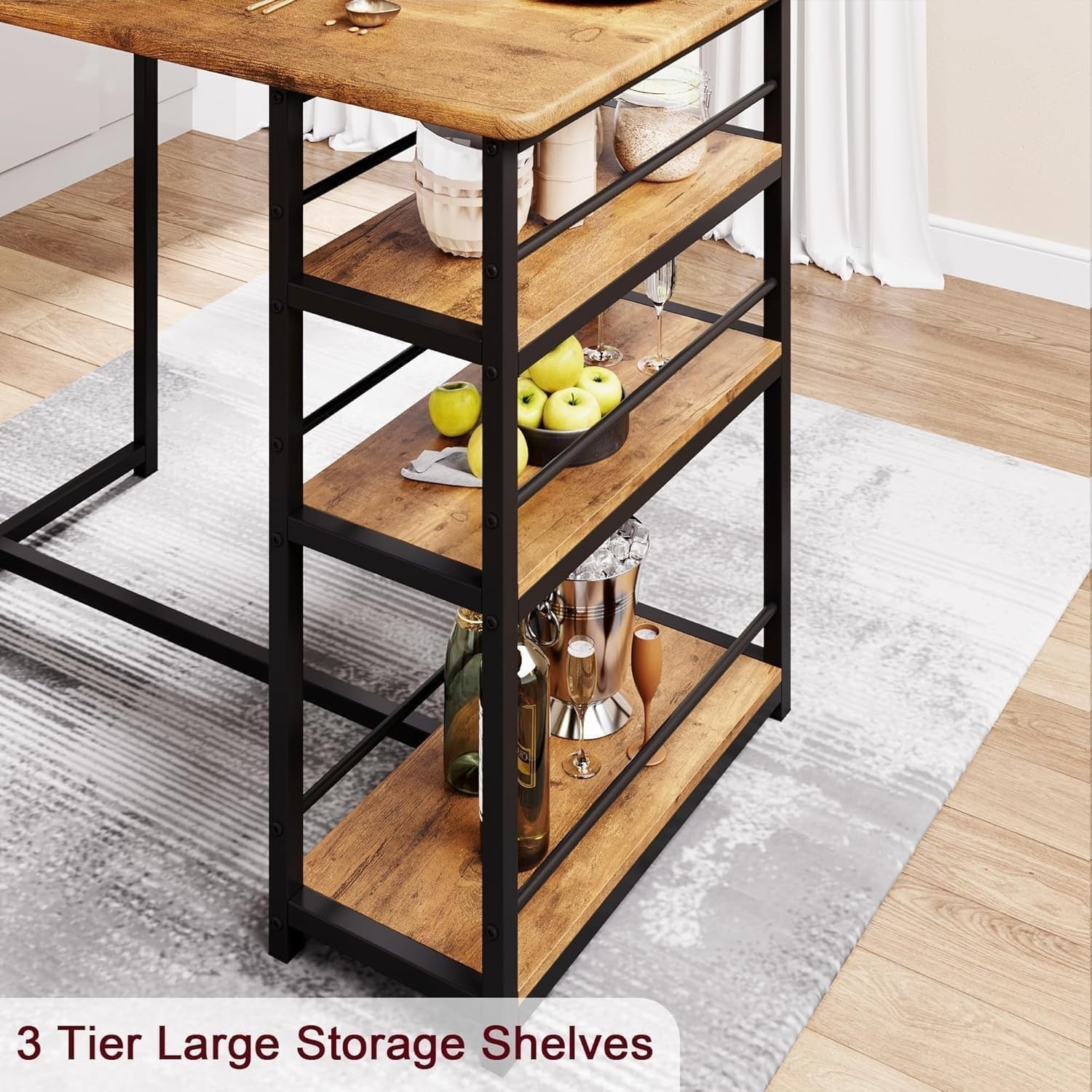 2-Seater Dining Table Set Chairs & 3-Tier Storage Shelves, Rustic Brown Bistro