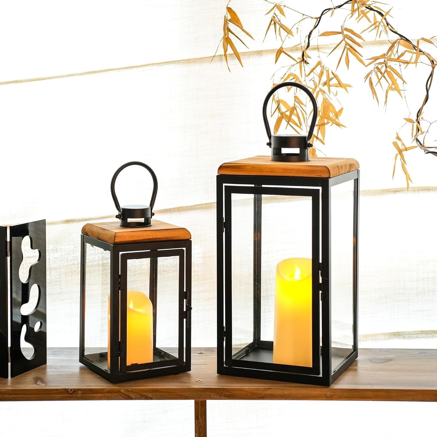Set of 2 Large Black Metal Candle Lanterns Home Decor