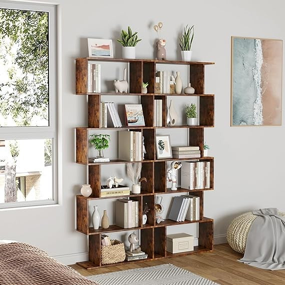 Tall Rustic Brown S-Shaped 6-Tier Bookshelf Modern Display Storage Unit Home