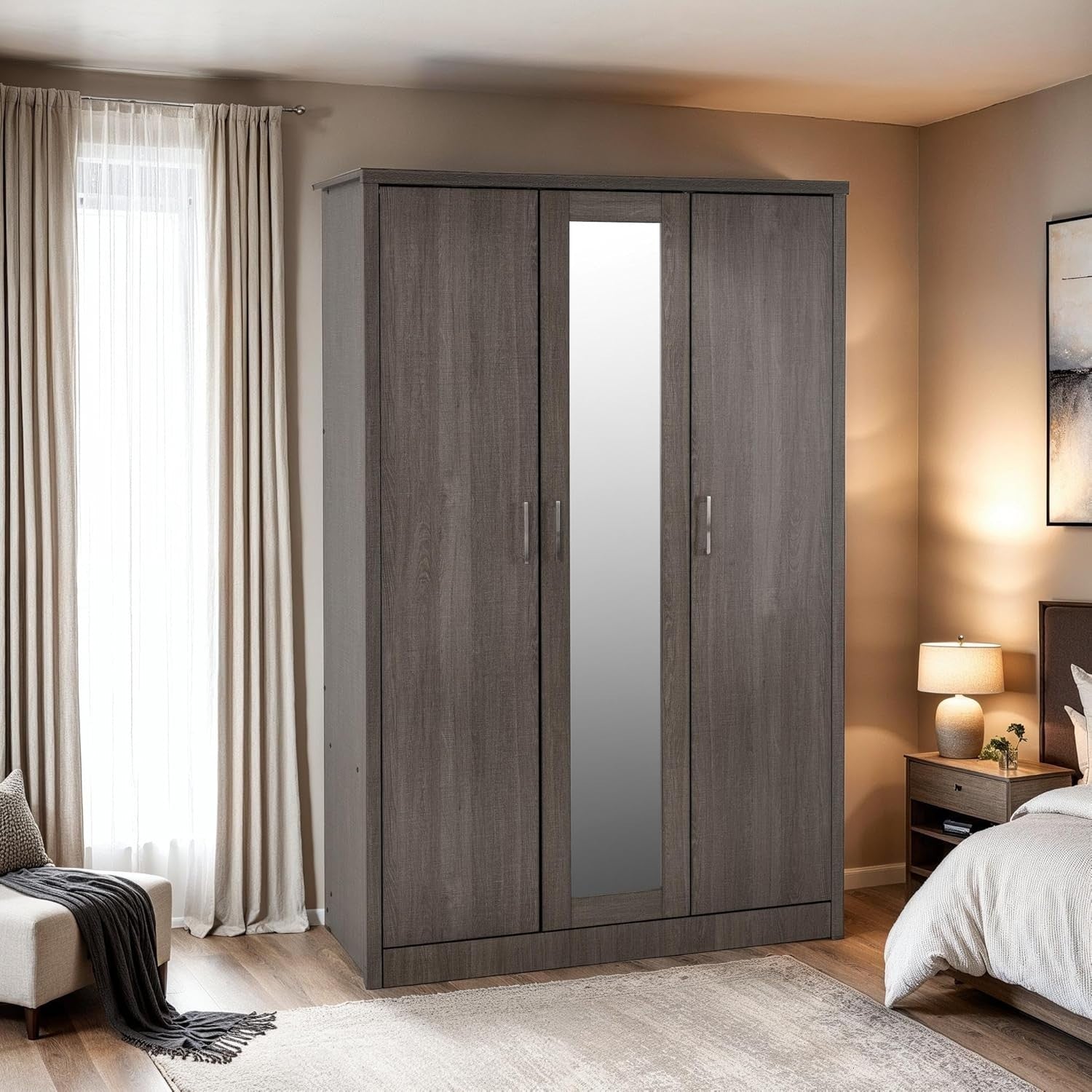 Black Wood Grain 3 Door Wardrobe with Mirror & Hinged Doors - Bedroom Storage
