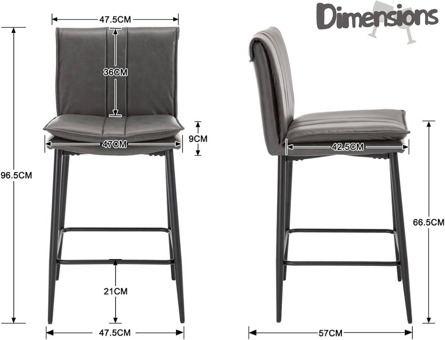 Grey Bar Stools Set of 2 PU Leather Counter Chairs with Footrest