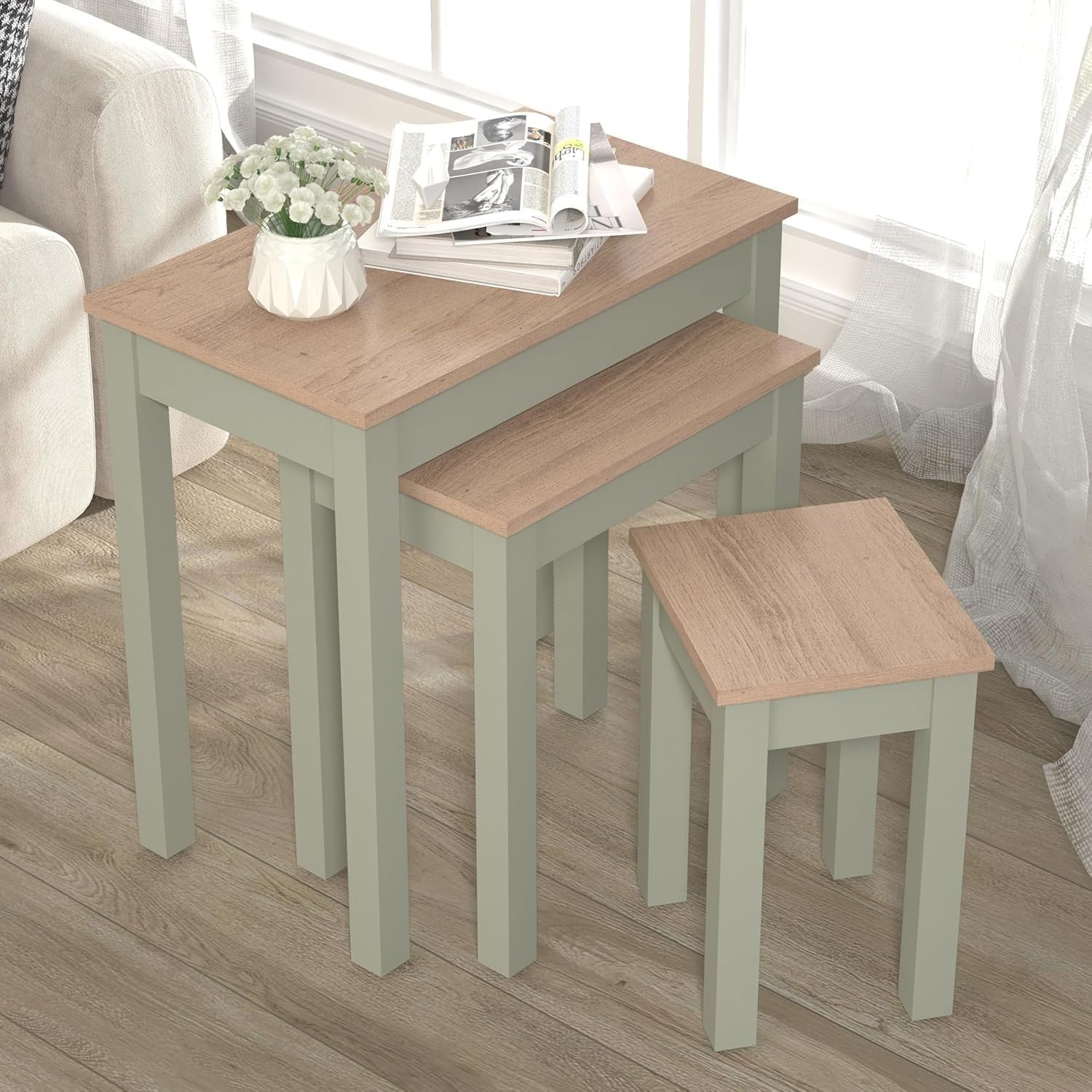 Space-Saving Nesting Coffee Tables Set of 3 Wood Side End Table Sage Green/Oak