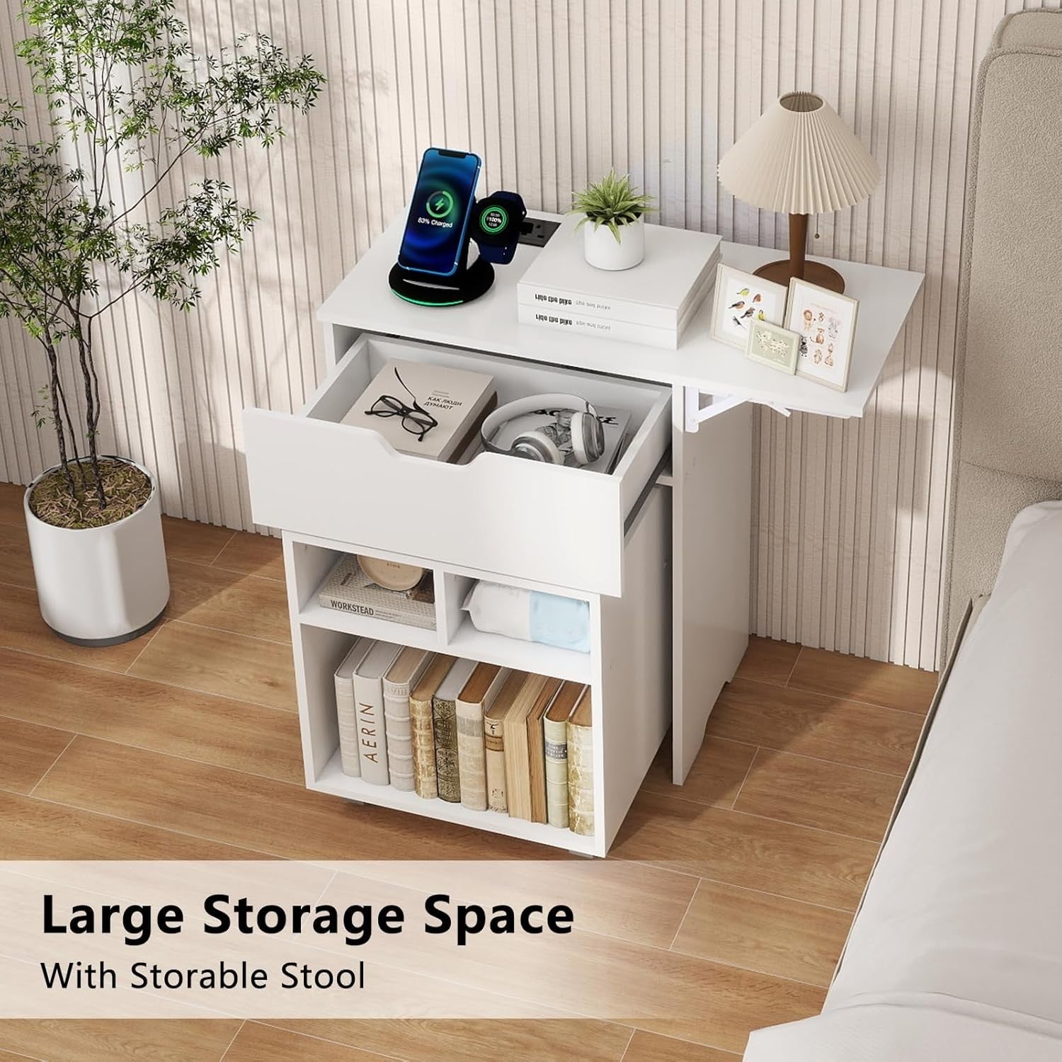 Smart Bedside Table with LED Light & Charging Station Modern Nightstand White
