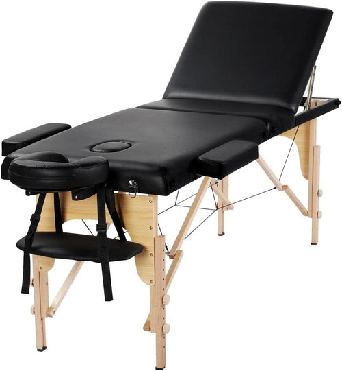 60cm 3-Section Portable Massage Table | Foldable Wooden Lash Beauty Bed Black