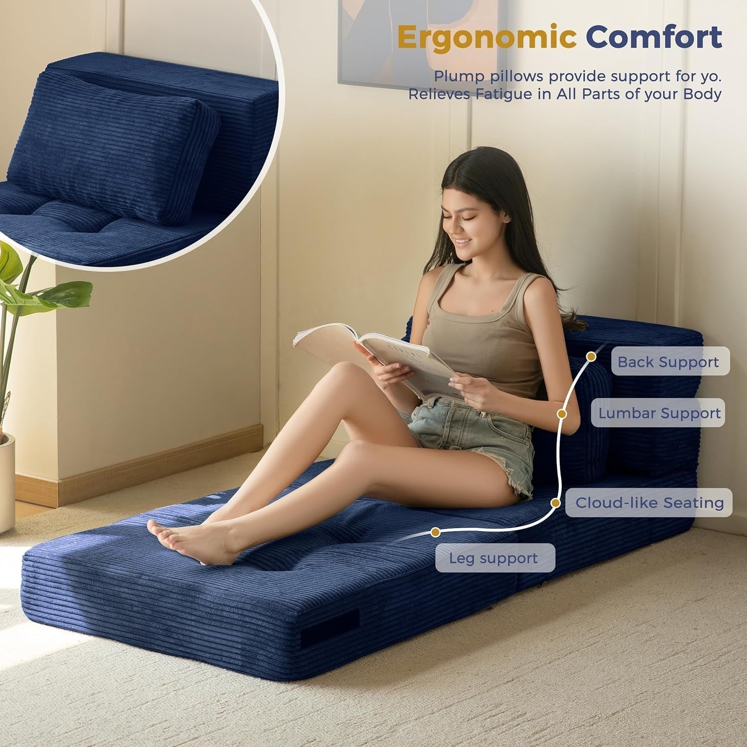 Tri-Fold Folding Foam Sofa Bed Chair Single Futon Z Bed Guest Mattress